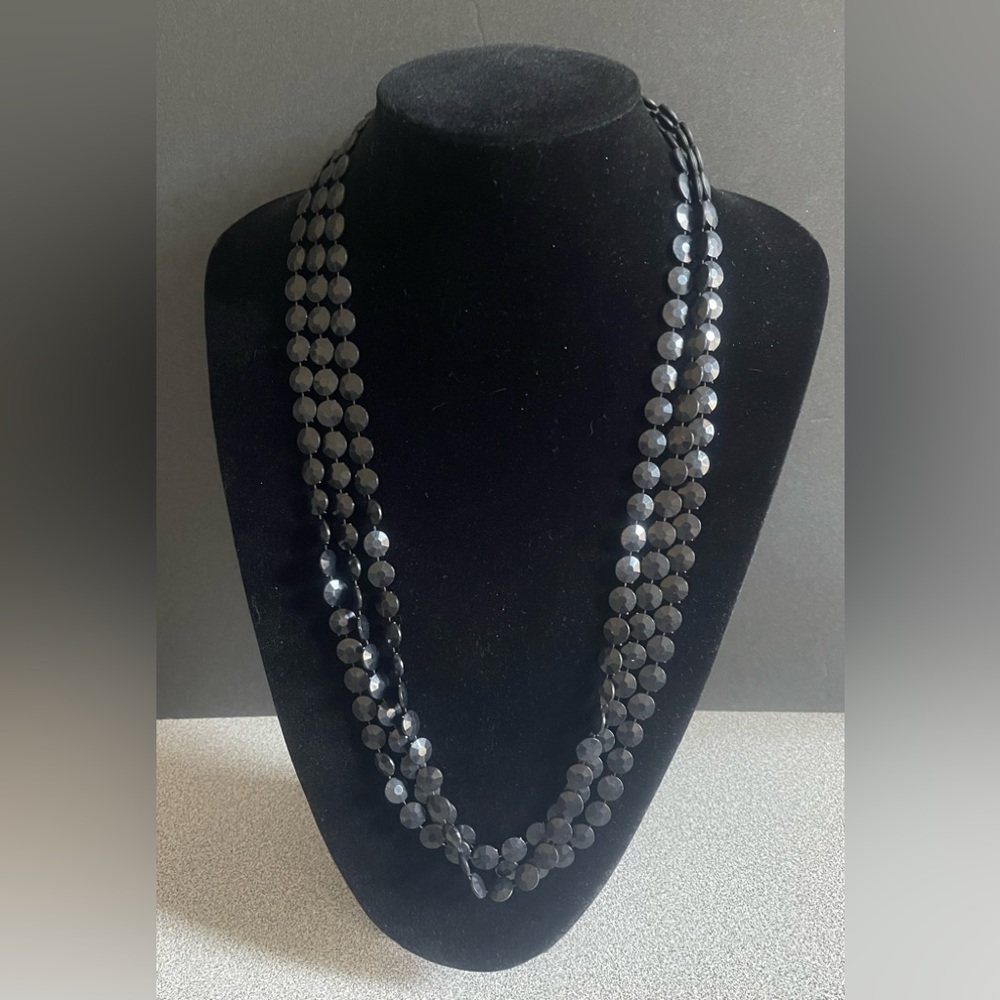Vintage Black Flat Round Beads Three Strand Necklace